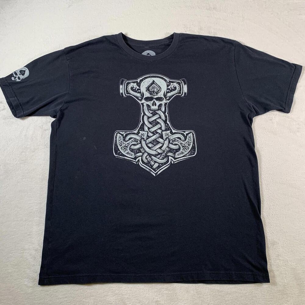 Wash With Souls Shirt Mens 2XL Black Skull Mjolnir Hammer Norse Viking Tee‎ USA